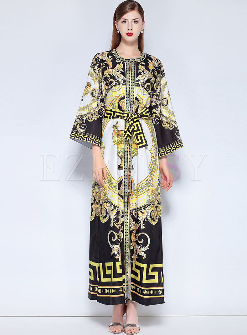 Ethnic Black Printing Long Sleeve Maxi Dress